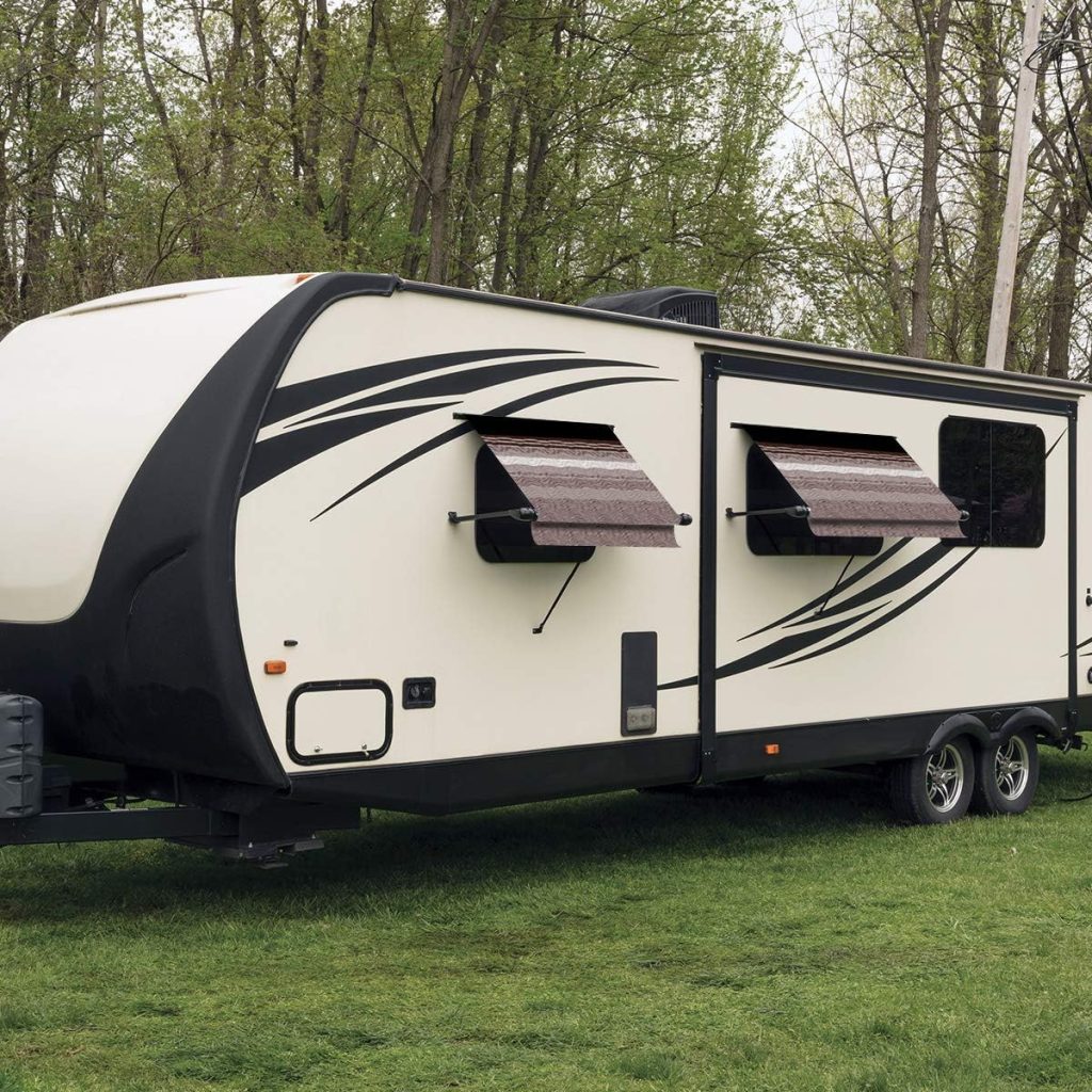 Carefree IF0608A62/ICJV01 Sierra Brown Dune Stripe 6 RV SL Standard Vinyl Window Awning, Black Arms-Choose Options