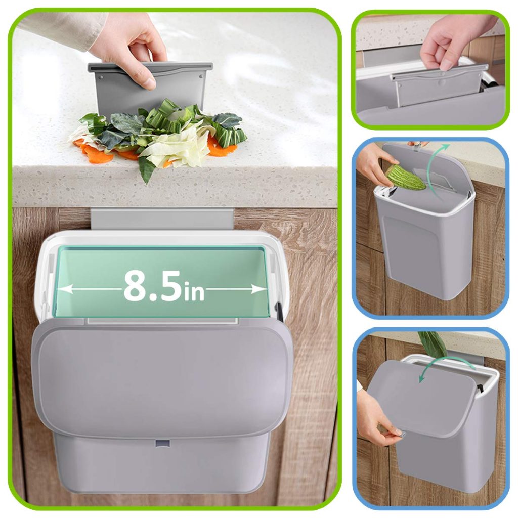 AYADA Hanging Trash/Garbage Can with Lid for Kitchen Cabinet Door in Cabinet Hanging Door Mounted Under Sink Door Trash Bin RV Bathroom (Grey)