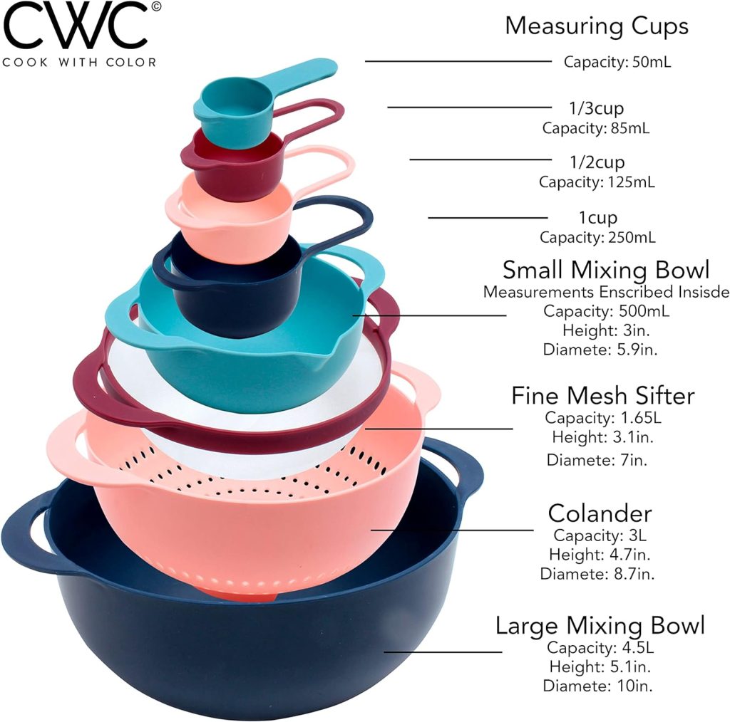 COOK WITH COLOR 8 Piece Nesting Bowls with Measuring Cups Colander and Sifter Set - Includes 2 Mixing Bowls, 1 Colander, 1 Sifter and 4 Measuring Cups, Gray COOK WITH COLOR 8 Piece Nesting Bowls with Measuring Cups Colander and Sifter Set - Includes 2 Mixing Bowls, 1 Colander, 1 Sifter and 4 Measuring Cups, Gray