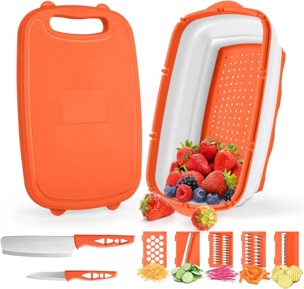 Gintan Camping Cutting Board with Collapsible Colander, 9-in-1 Collapsible Cutting Board,Camping Gifts for Campers Happy Camper,Camping Accessories for RV Campers