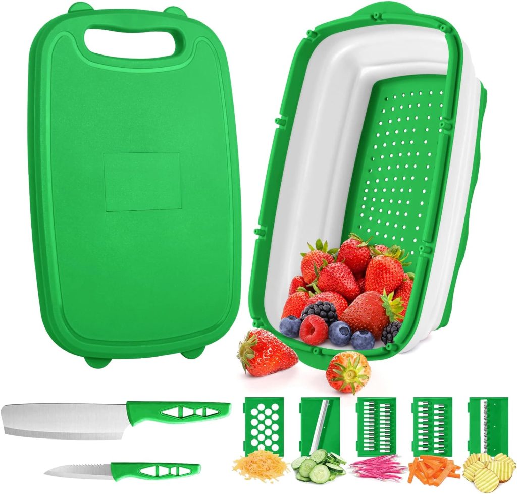 Gintan Camping Cutting Board with Collapsible Colander, 9-in-1 Collapsible Cutting Board,Camping Gifts for Campers Happy Camper,Camping Accessories for RV Campers