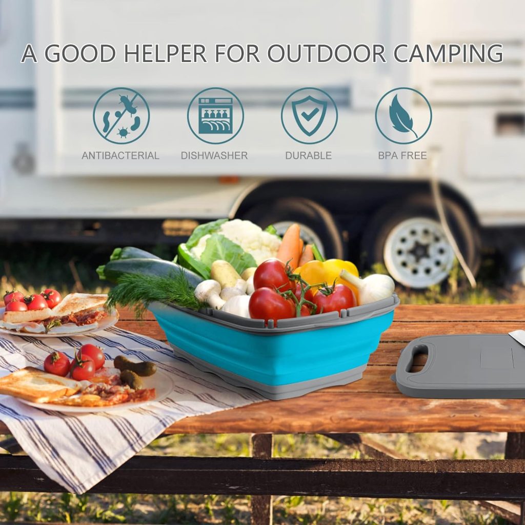 Gintan Camping Cutting Board with Collapsible Colander, 9-in-1 Collapsible Cutting Board,Camping Gifts for Campers Happy Camper,Camping Accessories for RV Campers