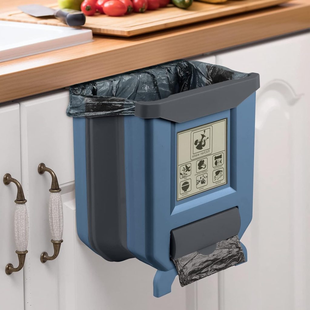 HI NINGER Hanging Kitchen Trash Can, Foldable Waste Bins, Collapsible Mini Hang Garbage Can for Cabinet/Car/Bedroom/Bathroom-Plastic, 2.4 Gallon, Brown