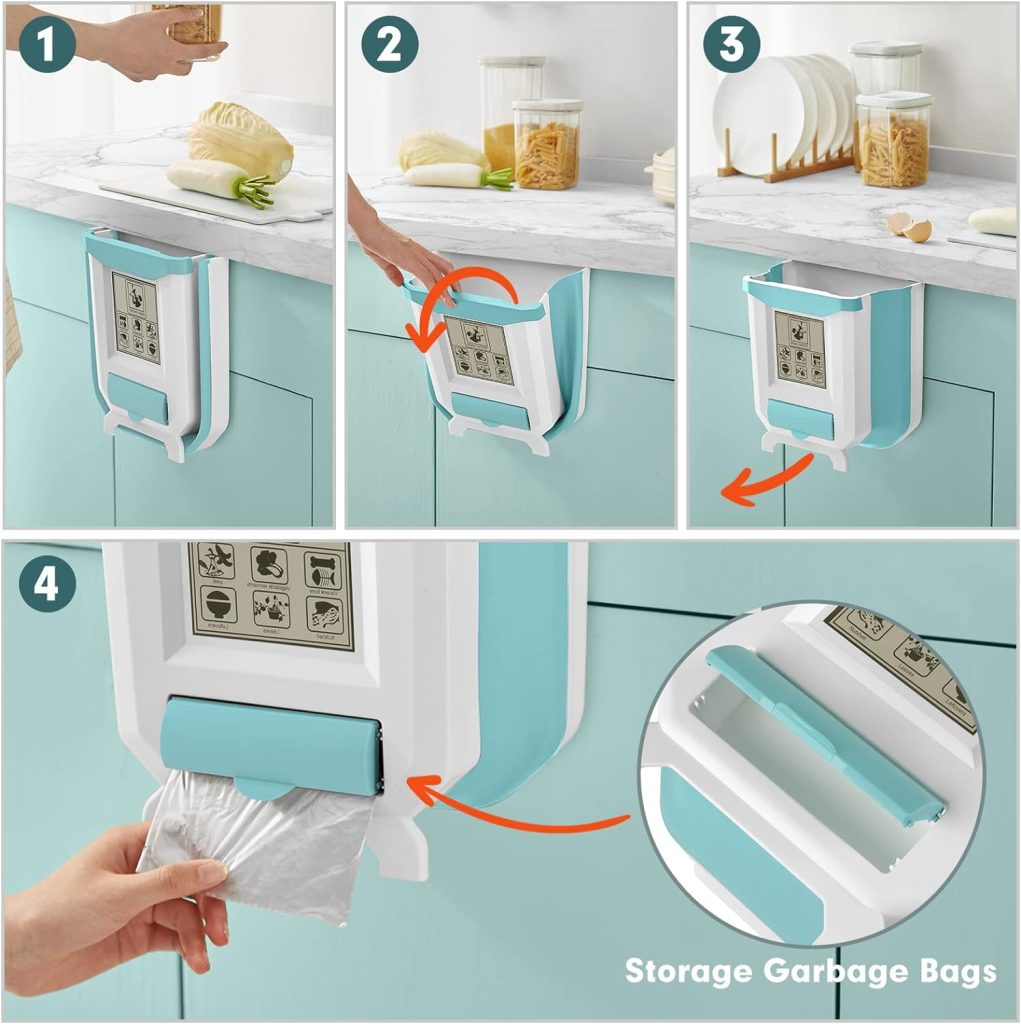 HI NINGER Hanging Kitchen Trash Can, Foldable Waste Bins, Collapsible Mini Hang Garbage Can for Cabinet/Car/Bedroom/Bathroom-Plastic, 2.4 Gallon, Brown