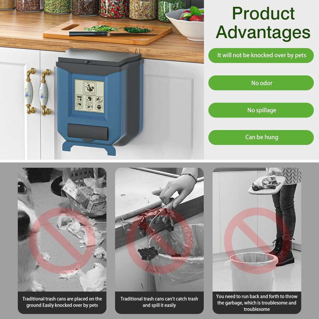 HI NINGER Hanging Kitchen Trash Can, Foldable Waste Bins, Collapsible Mini Hang Garbage Can for Cabinet/Car/Bedroom/Bathroom-Plastic, 2.4 Gallon, Brown