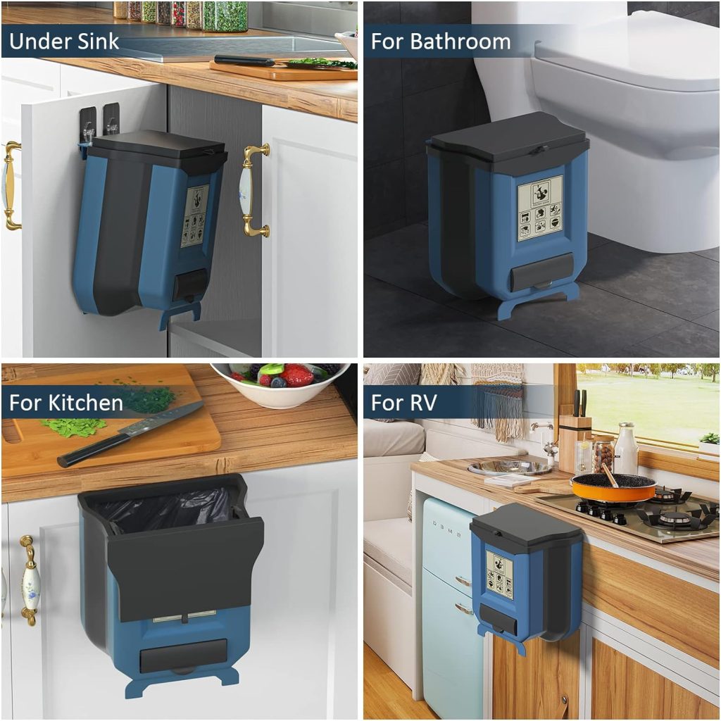 HI NINGER Hanging Kitchen Trash Can, Foldable Waste Bins, Collapsible Mini Hang Garbage Can for Cabinet/Car/Bedroom/Bathroom-Plastic, 2.4 Gallon, Brown