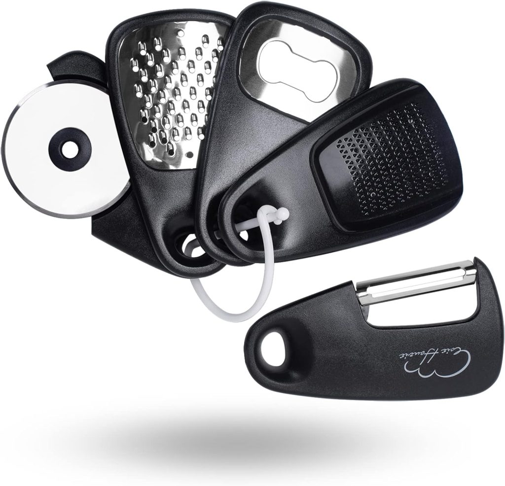 Kitchen Gadgets Set 5 Pieces, Space Saving Cooking Tools Cheese Grater, Bottle Opener, Fruit/Vegetable Peeler, Pizza Cutter, Garlic/Ginger Grinder, Stainless Steel Accessories Dishwasher Safe(Blue)…