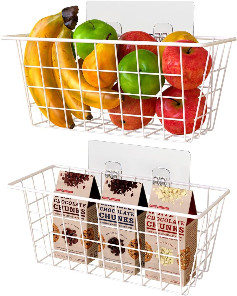 MaraFansie Hanging Kitchen Baskets Wire Storage Basket Over the Cabinet Door Organizer, No Drilling Adhesive Basket for Cabinet Pantry Organization and Kitchen, Bathroom, Storage, 2 Pack, Black