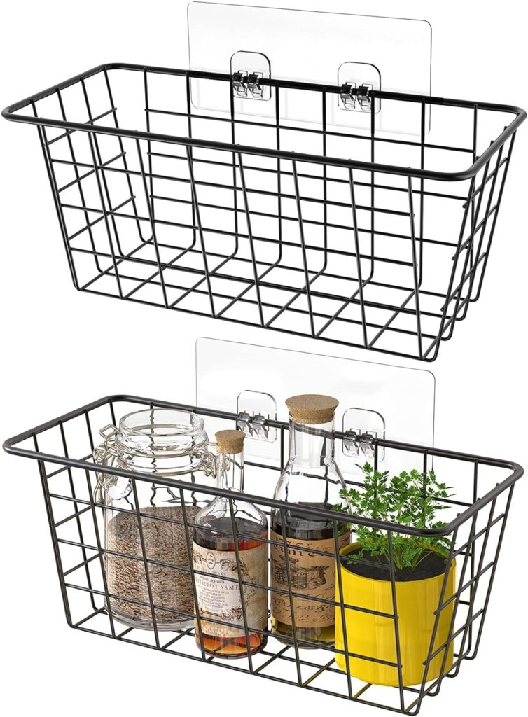 MaraFansie Hanging Kitchen Baskets Wire Storage Basket Over the Cabinet Door Organizer, No Drilling Adhesive Basket for Cabinet Pantry Organization and Kitchen, Bathroom, Storage, 2 Pack, Black