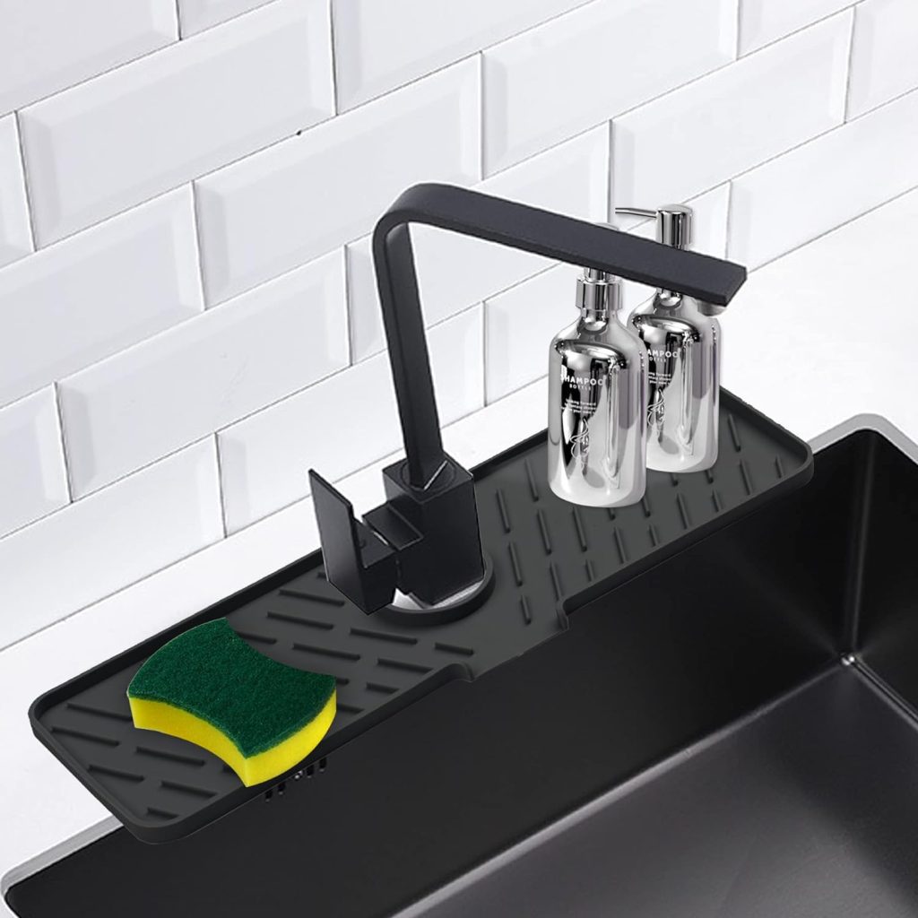 Meiliweser Silicone Faucet Splash Guard, 18” x 5.9”, Faucet Water Catcher Mat, Longer Silicone Sink Mat for Kitchen, Bathroom, Laundry Room, Farmhouse, Bar  RV (Black)