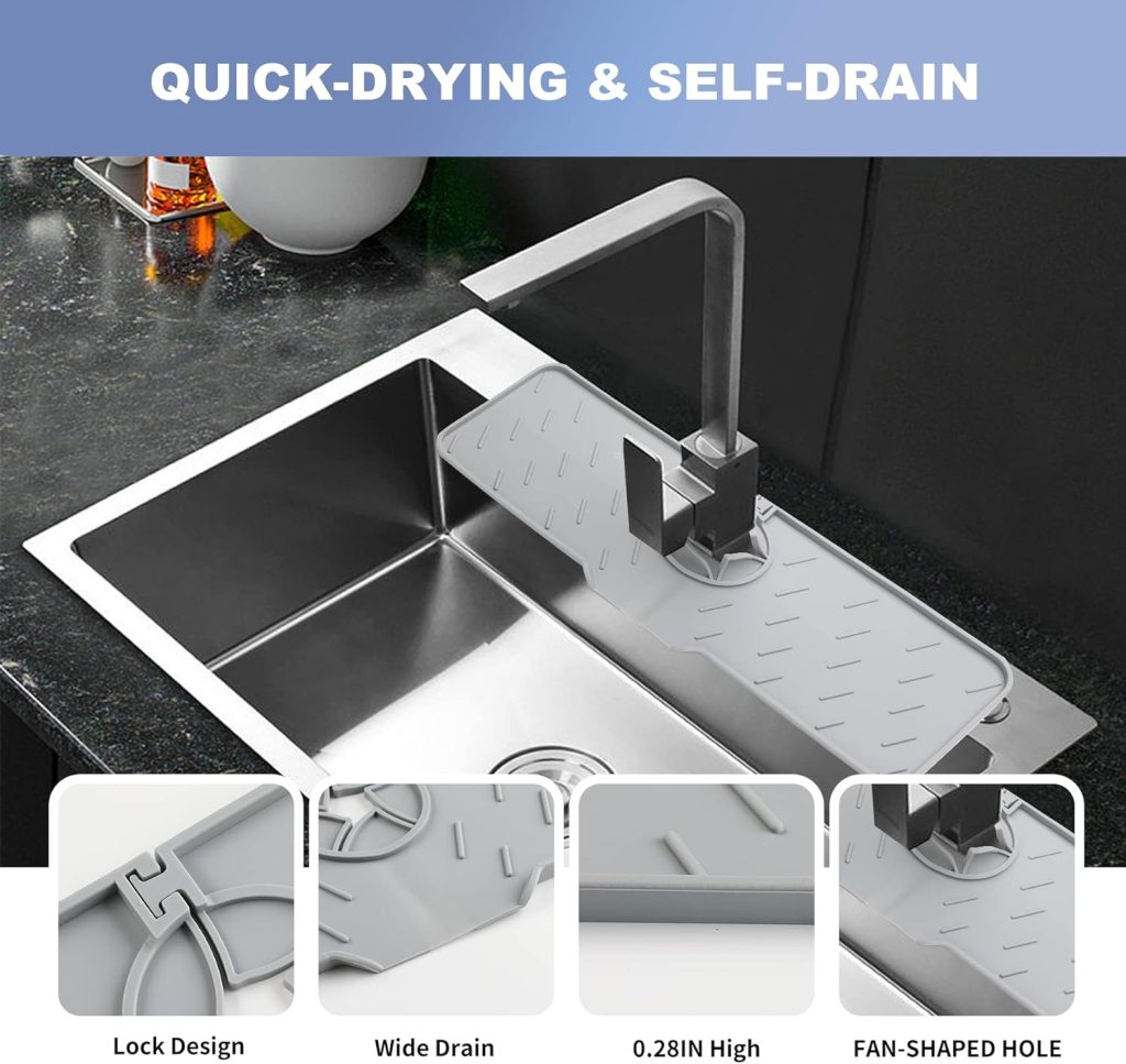 Meiliweser Silicone Faucet Splash Guard, 18” x 5.9”, Faucet Water Catcher Mat, Longer Silicone Sink Mat for Kitchen, Bathroom, Laundry Room, Farmhouse, Bar  RV (Black)