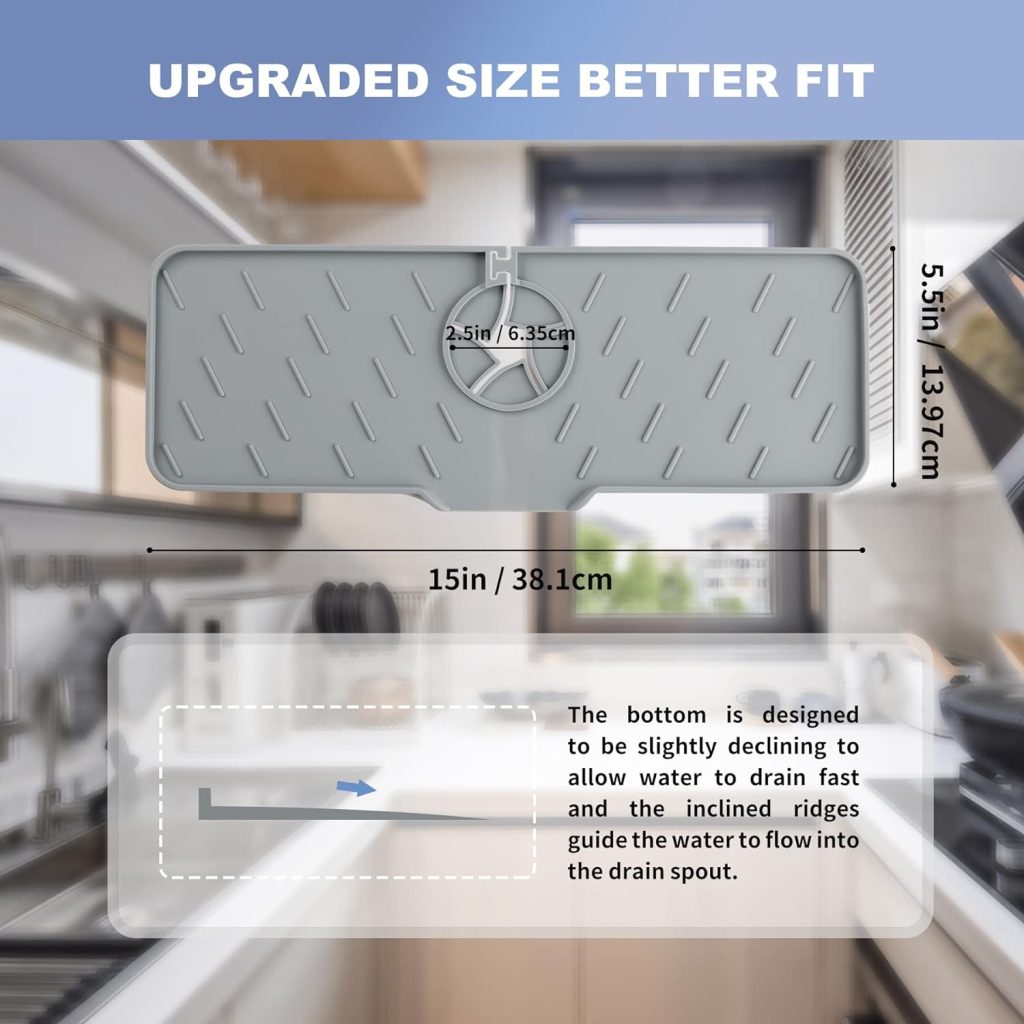 Meiliweser Silicone Faucet Splash Guard, 18” x 5.9”, Faucet Water Catcher Mat, Longer Silicone Sink Mat for Kitchen, Bathroom, Laundry Room, Farmhouse, Bar  RV (Black)