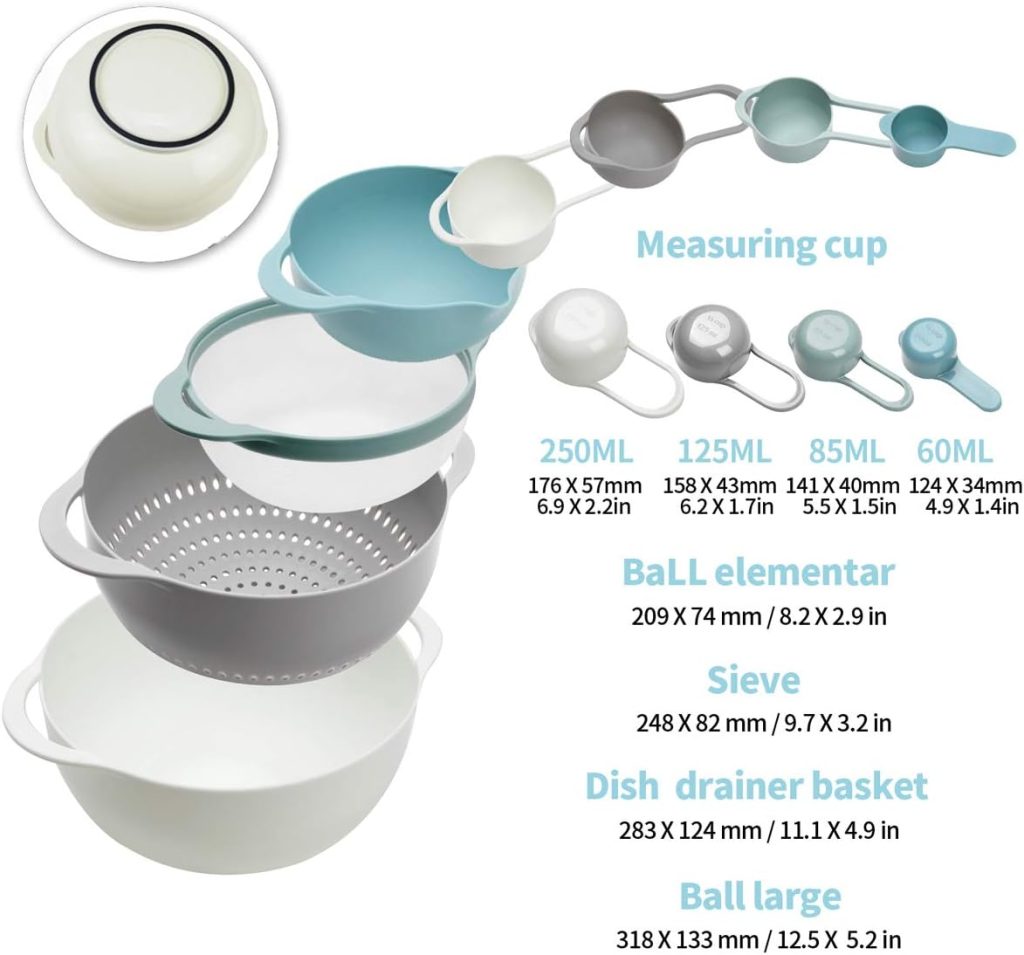 Plastic Mixing Bowls - Multicolored Mixing Bowl Set of 8, Nest for Easy Storage, inculding Measuring Cups, Colander, Sifter, Large Bowl, Great for Cooking and Baking, Rv Camping Accessories, BPA Free