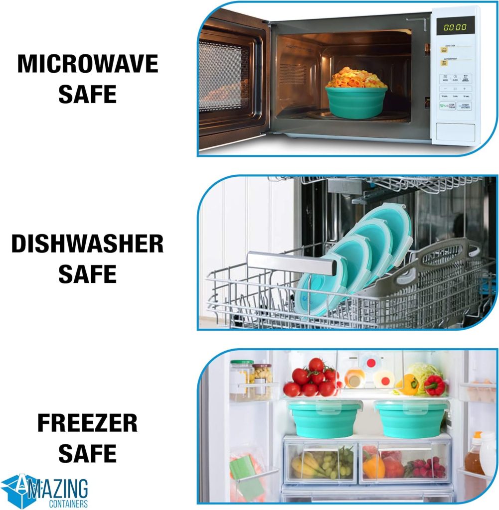 Silicone Collapsible Food Storage Container with Airtight Lid and Air Vent 4 Pack Foldable Meal Prep Round Lunch Box for Kitchen,Stackable, Space Saving,Microwave,Dishwasher and Freezer Safe (Blue)