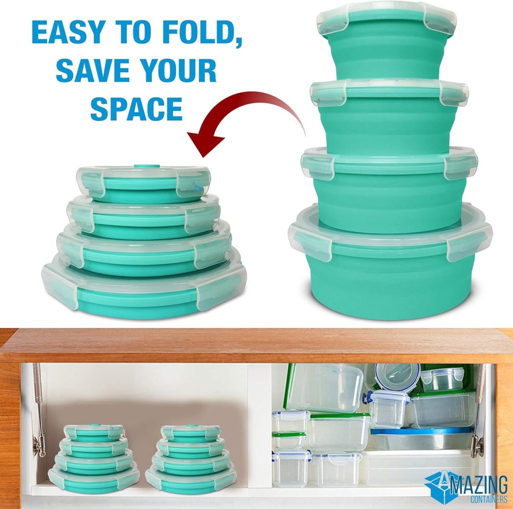 Silicone Collapsible Food Storage Container with Airtight Lid and Air Vent 4 Pack Foldable Meal Prep Round Lunch Box for Kitchen,Stackable, Space Saving,Microwave,Dishwasher and Freezer Safe (Blue)
