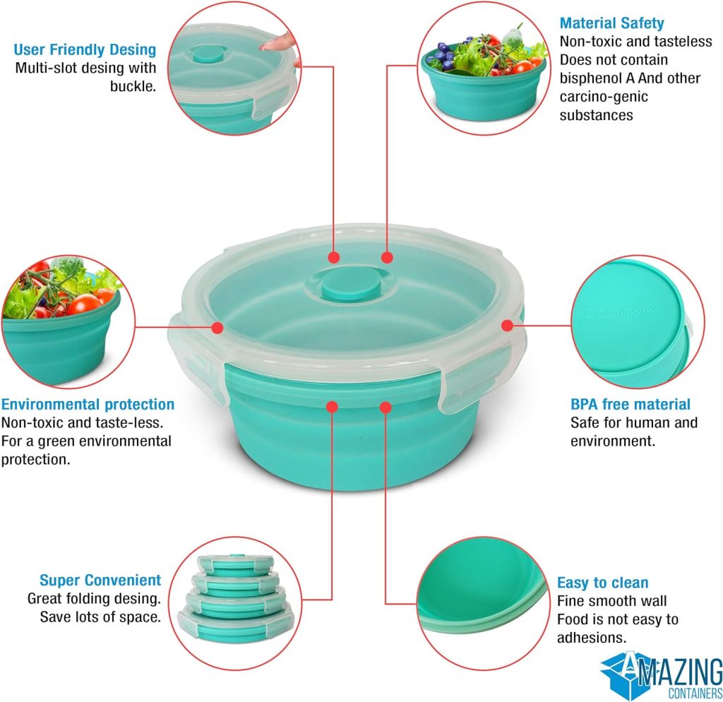 Silicone Collapsible Food Storage Container with Airtight Lid and Air Vent 4 Pack Foldable Meal Prep Round Lunch Box for Kitchen,Stackable, Space Saving,Microwave,Dishwasher and Freezer Safe (Blue)