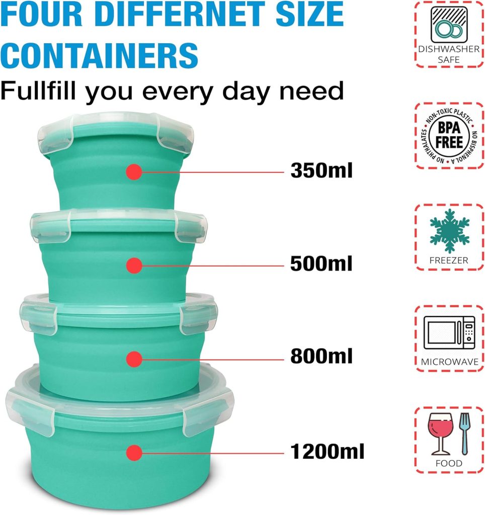 Silicone Collapsible Food Storage Container with Airtight Lid and Air Vent 4 Pack Foldable Meal Prep Round Lunch Box for Kitchen,Stackable, Space Saving,Microwave,Dishwasher and Freezer Safe (Blue)