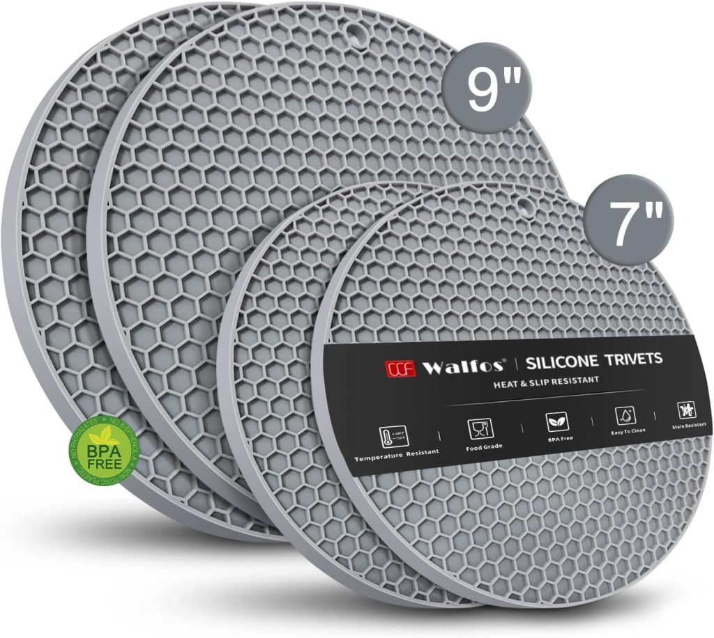 Walfos Silicone Trivet Mats - 4 Heat Resistant Pot Holders, Multipurpose Non-Slip Hot Pads for Kitchen Potholders, Hot Dishers, Jar Opener, Spoon Holder, Food Grade Silicone  BPA Free (Black)