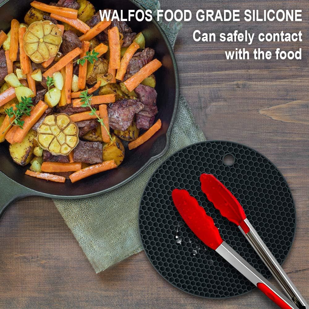 Walfos Silicone Trivet Mats - 4 Heat Resistant Pot Holders, Multipurpose Non-Slip Hot Pads for Kitchen Potholders, Hot Dishers, Jar Opener, Spoon Holder, Food Grade Silicone  BPA Free (Black)