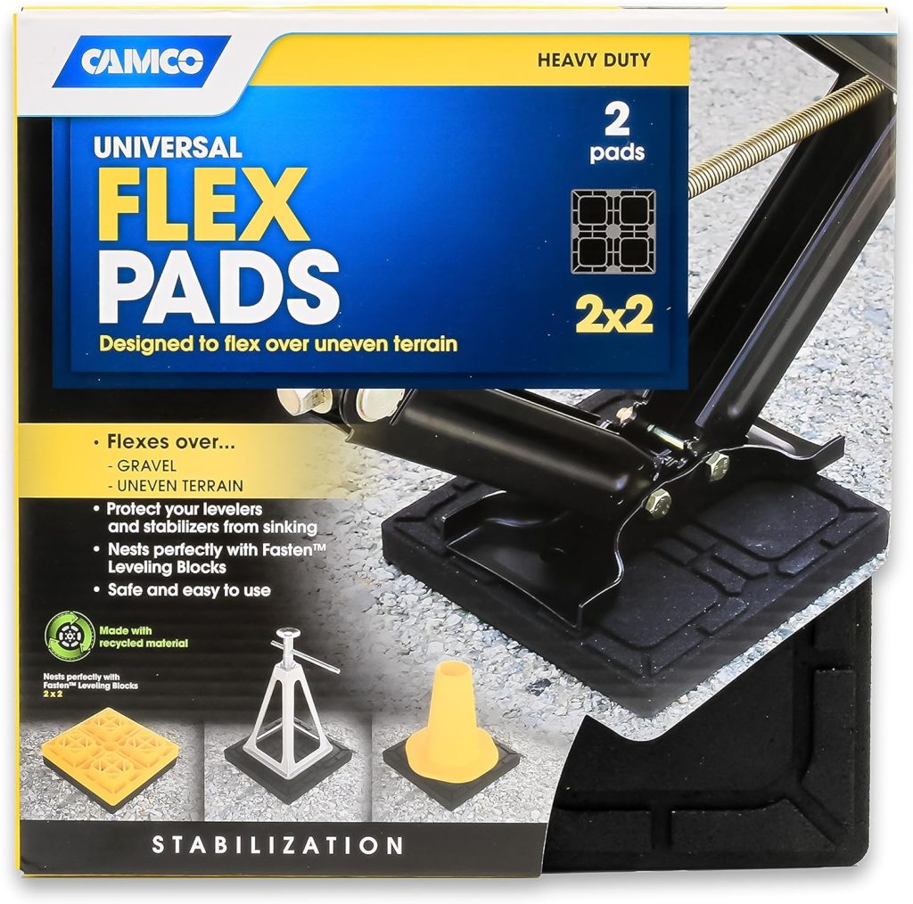 Camco Camper/RV Leveling Block Flex Pad | Features Flexible Non-Slip Design Crafted of UV-Resistant Weatherproof Recycled Material | Great for Gravel, Tree Roots, and Uneven Surfaces | 2-Pk (44600) Camco Camper/RV Leveling Block Flex Pad | Features Flexible Non-Slip Design Crafted of UV-Resistant Weatherproof Recycled Material | Great for Gravel, Tree Roots, and Uneven Surfaces | 2-Pk (44600)