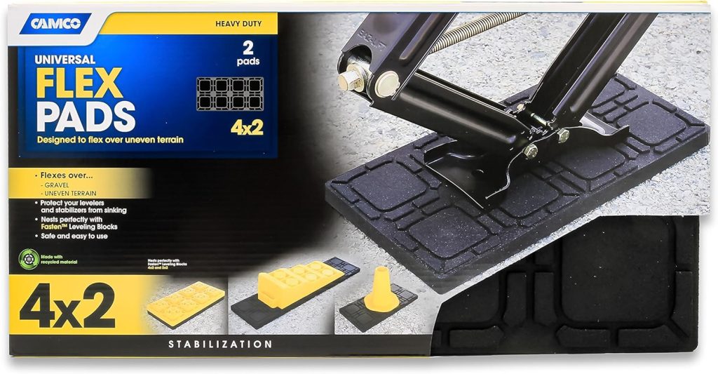 Camco Camper/RV Leveling Block Flex Pad | Features Flexible Non-Slip Design Crafted of UV-Resistant Weatherproof Recycled Material | Great for Gravel, Tree Roots, and Uneven Surfaces | 2-Pk (44600) Camco Camper/RV Leveling Block Flex Pad | Features Flexible Non-Slip Design Crafted of UV-Resistant Weatherproof Recycled Material | Great for Gravel, Tree Roots, and Uneven Surfaces | 2-Pk (44600)