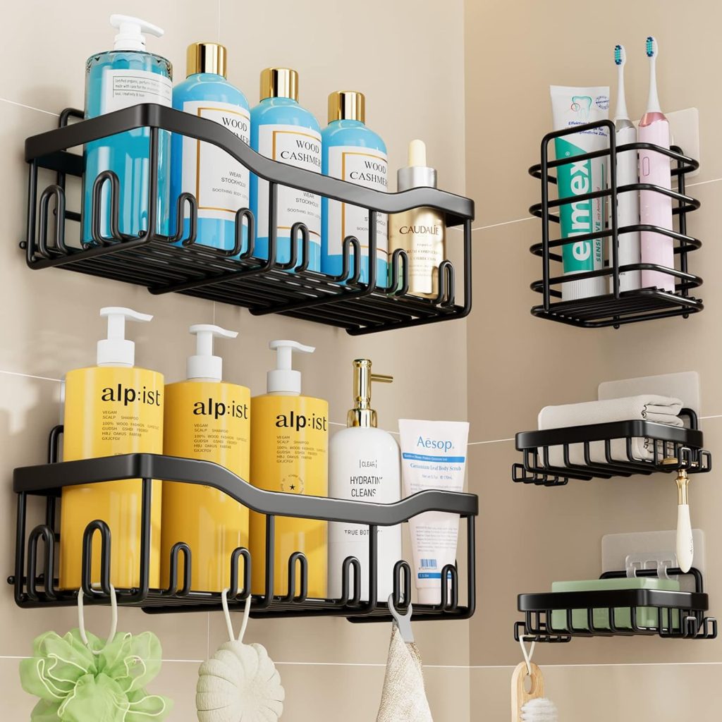 FAFOOU Shower Caddy Organizer 5 Pack, Self Adhesive Shelves Basket for Bathroom Storage Home Decor, Shelf Inside Rack, Wall Mounted RV Accessories Shampoo Holder Black FAFOOU Shower Caddy Organizer 5 Pack, Self Adhesive Shelves Basket for Bathroom Storage Home Decor, Shelf Inside Rack, Wall Mounted RV Accessories Shampoo Holder Black