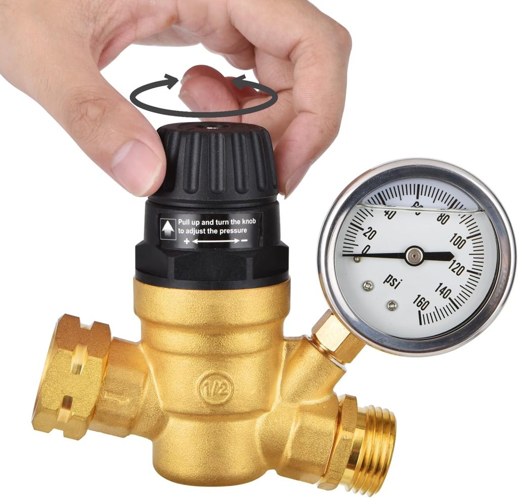 Handle Adjustable RV Water Pressure Regulator, Lead-Free Brass Water Pressure Regulator with Gauge, Adjustable Water Regulator for RV Camper Travel Trailer