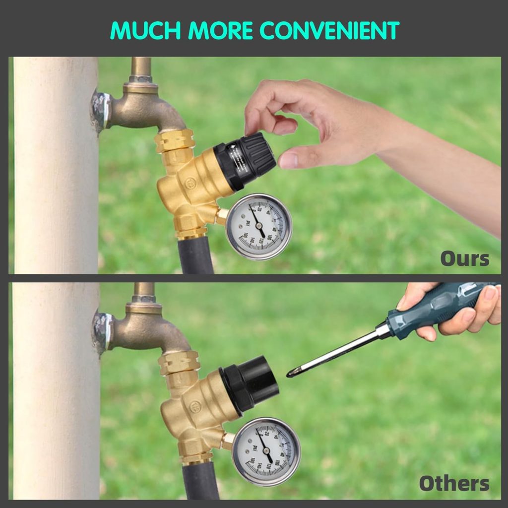 Handle Adjustable RV Water Pressure Regulator, Lead-Free Brass Water Pressure Regulator with Gauge, Adjustable Water Regulator for RV Camper Travel Trailer