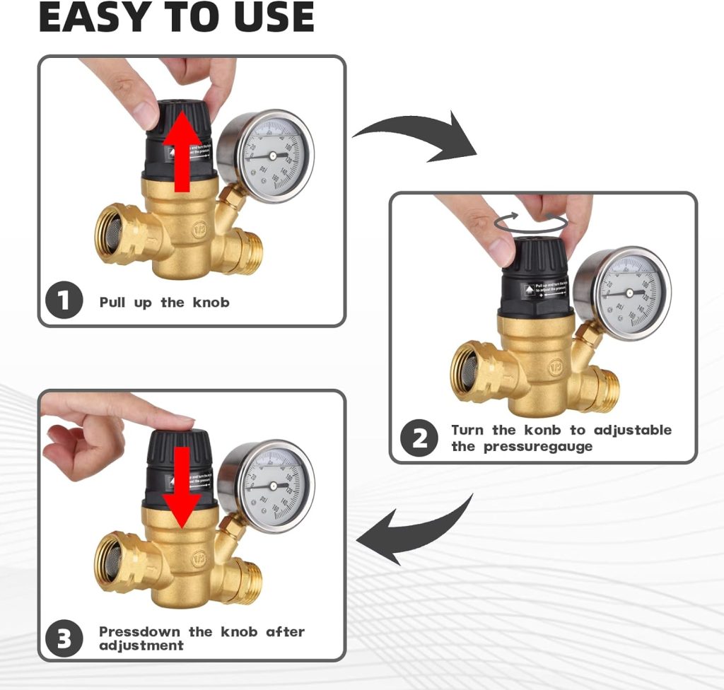 Handle Adjustable RV Water Pressure Regulator, Lead-Free Brass Water Pressure Regulator with Gauge, Adjustable Water Regulator for RV Camper Travel Trailer